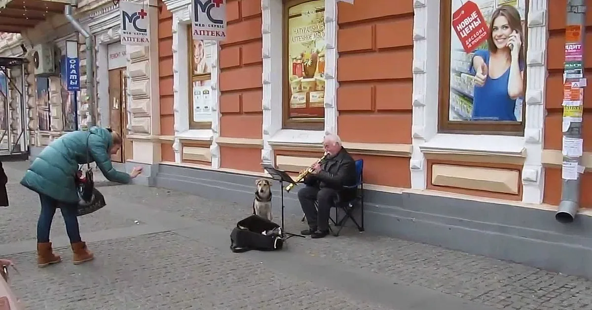 A woman pets a dog while a man plays a trumpet on a city sidewalk.