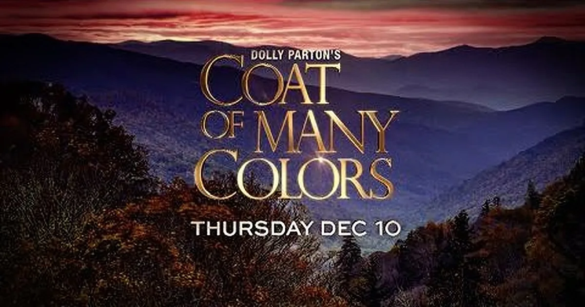 Dolly Parton's "Coat of Many Colors" poster with a mountainous background and autumn foliage.