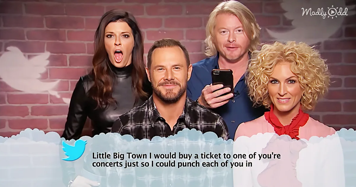 A group of four people, including a man holding a phone, with a Twitter logo and a tweet about Little Big Town.