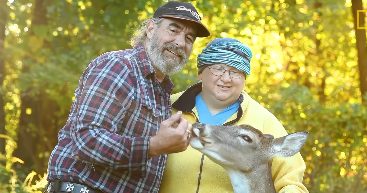 A man in a plaid shirt feeds a deer while a woman in a yellow jacket looks on in a forest setting.