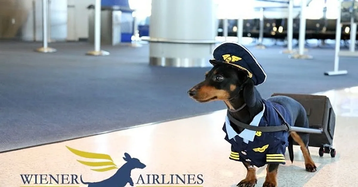 A dachshund dressed as a pilot stands on an airport tarmac, wearing a hat and uniform.