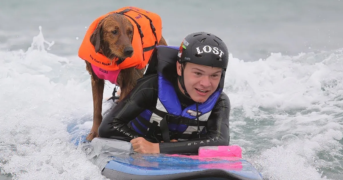 A boy and dog surf together on a wave, both wearing wetsuits and life vests, with a camera mounted on the board.