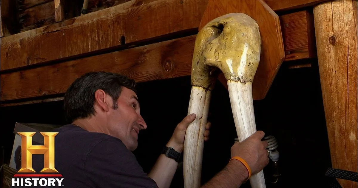 A man examines a large, yellowish bone structure, possibly a dinosaur femur, in a wooden setting.