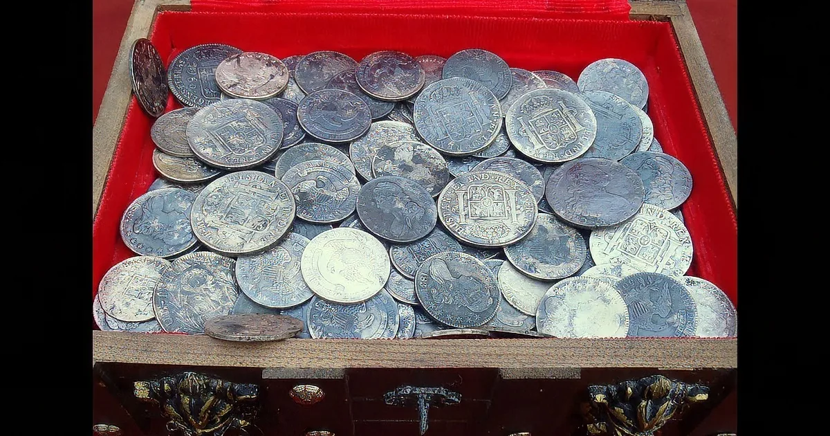 A collection of silver coins with various designs is neatly arranged in a red box.