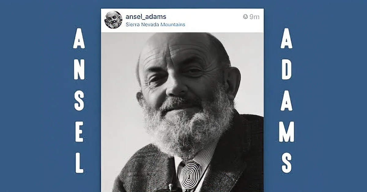 A black-and-white portrait of Ansel Adams with his name and Sierra Nevada Mountains text.
