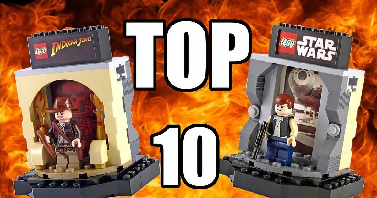 Flaming backdrop highlights LEGO Indiana Jones and Star Wars sets with "TOP 10" text.