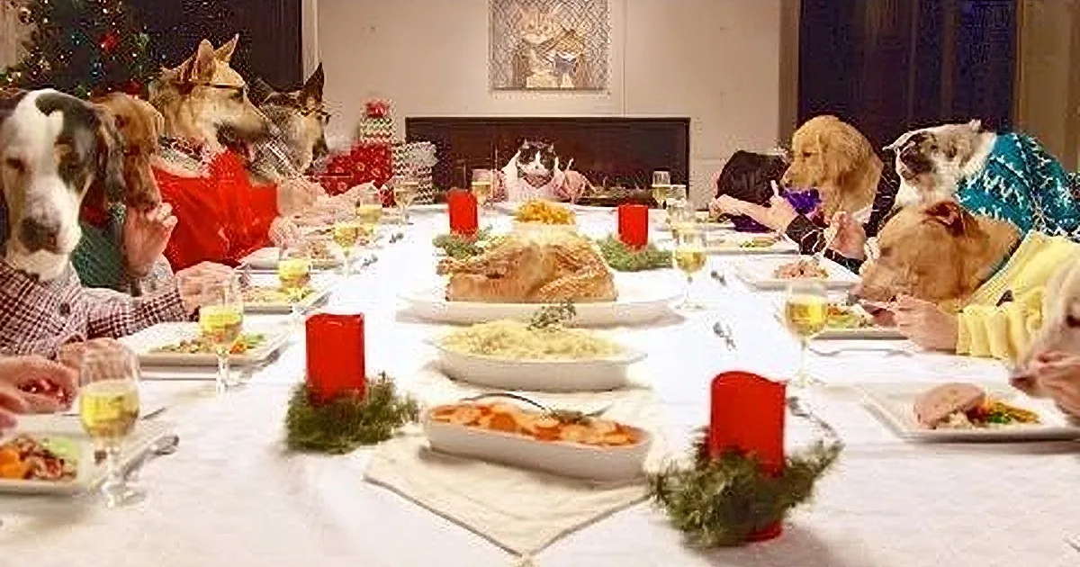 Dogs sit at a festive Christmas dinner table with food and decorations.