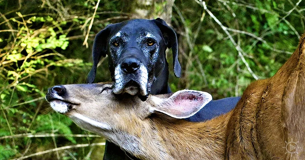 A Great Dane and a deer are interacting closely, with the dog appearing to hold the deer's head gently.