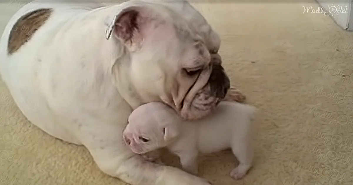 Mama Bulldog Gives Her Baby a Pat on the Head. How the Little Guy Responds? What a Tantrum!