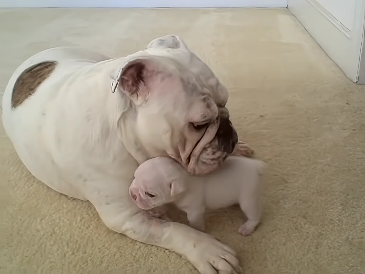 A white dog is lying on a beige carpet, gently interacting with a small puppy.