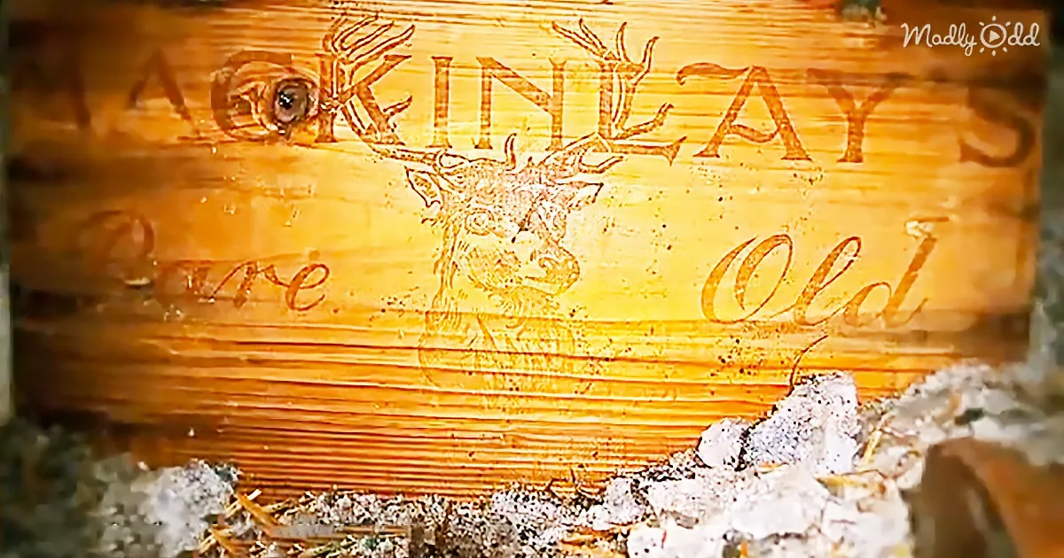 A rustic wooden sign with "Mackinlay's Rare Old" and a deer head etched into it.