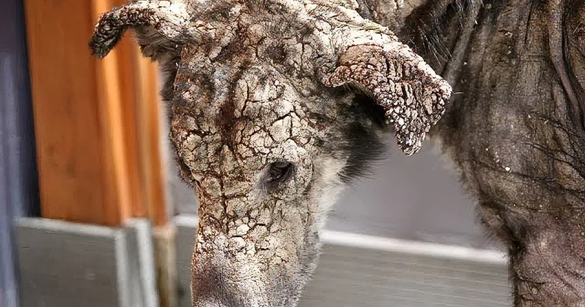 A close-up of a dog's face with a textured, weathered appearance, possibly due to age or environmental factors.