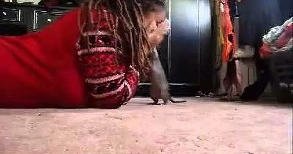 A person in a red outfit is lying on the floor, interacting with a small animal near their feet.