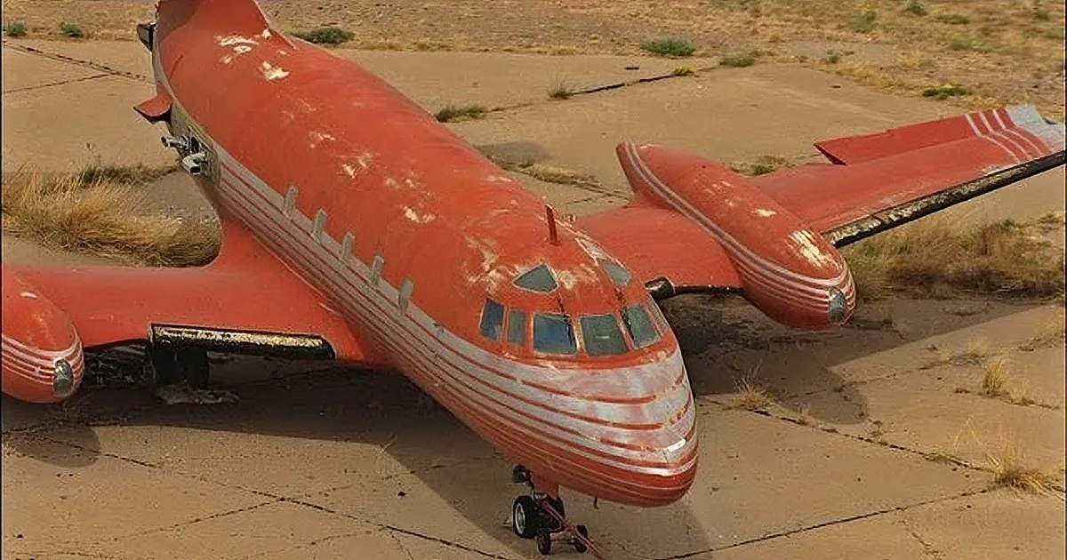 An old, rusted orange airplane lies abandoned in a desert landscape.