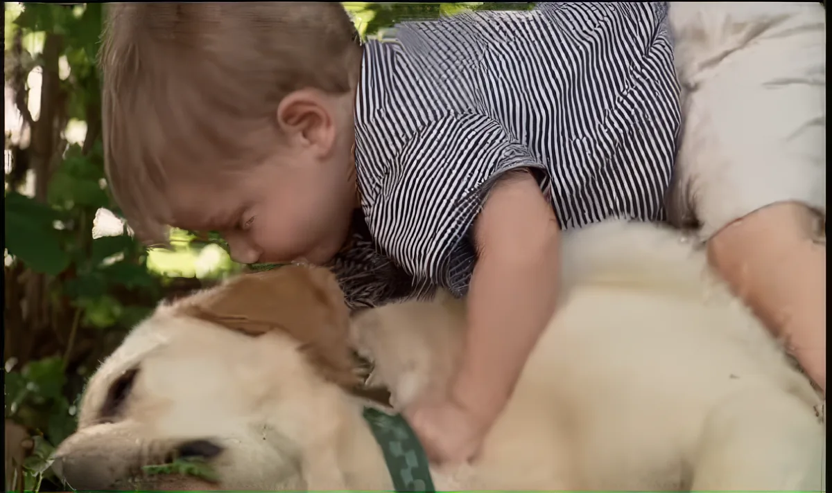 A young boy leans down to kiss a yellow Labrador Retriever.