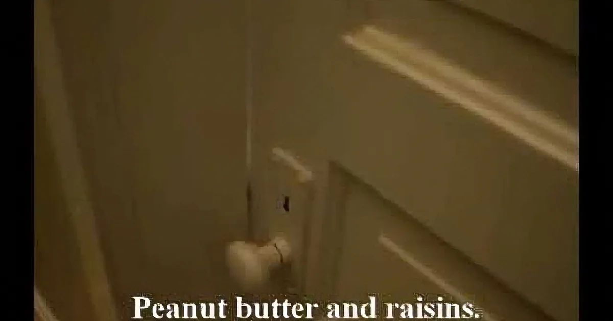A light switch on a wall with text overlay mentioning "Peanut butter and raisins."