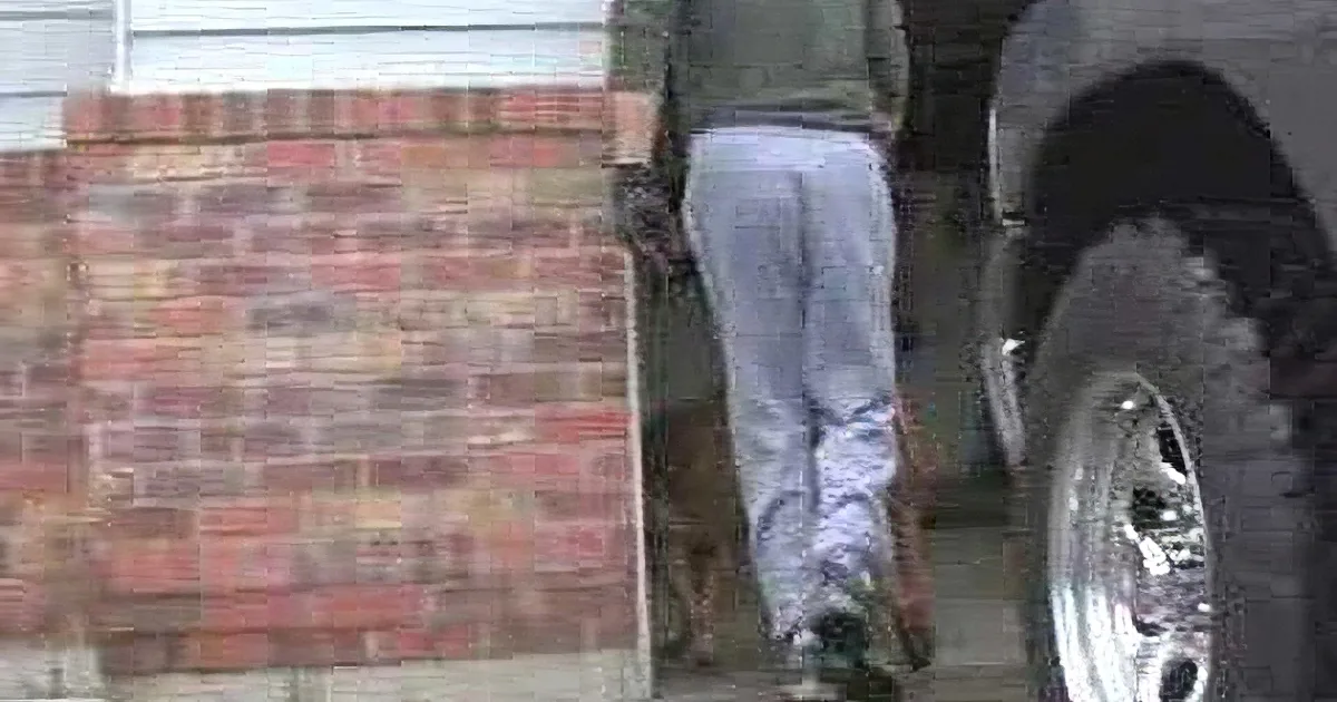 A person in a green jacket and gray pants walks past a brick wall and a vehicle.
