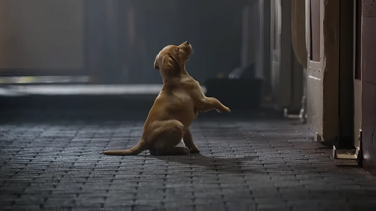 A playful puppy stands on its hind legs, reaching up in a dimly lit alleyway.