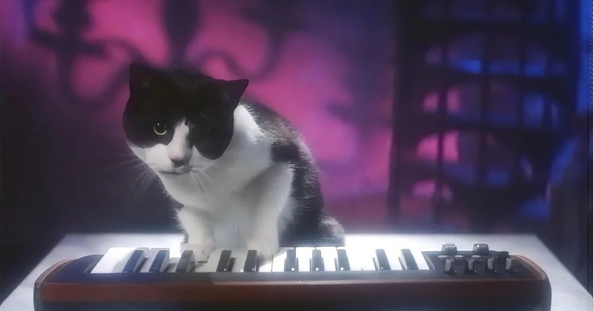 A black and white cat sits on a keyboard in a dimly lit room with purple and blue hues.