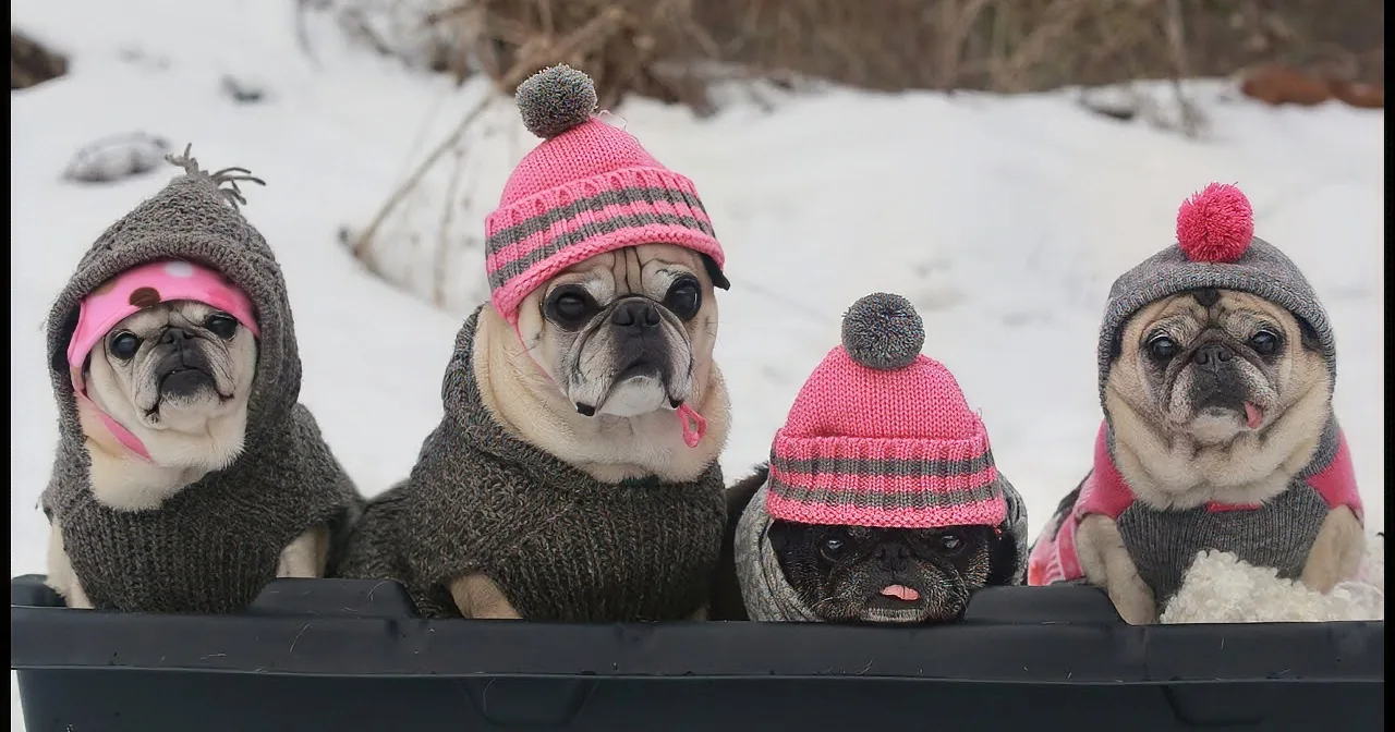 Four pugs in winter hats and sweaters sit together in a black container on a snowy day.