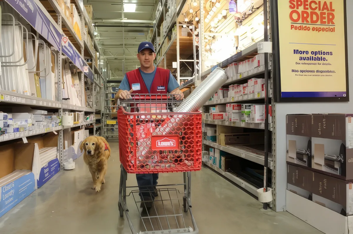 A man in a Lowe's vest pushes a shopping cart in a store aisle, with a dog following nearby.