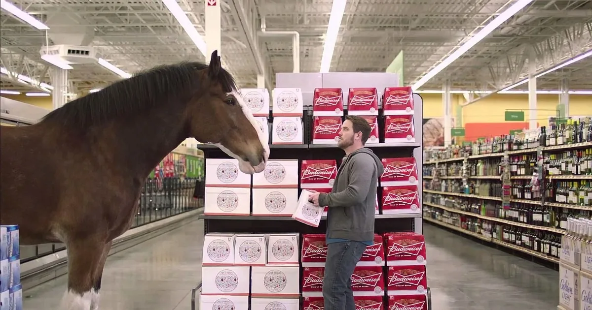 A horse stands in a grocery store aisle, looking at a man who is stacking boxes of Budweiser beer.