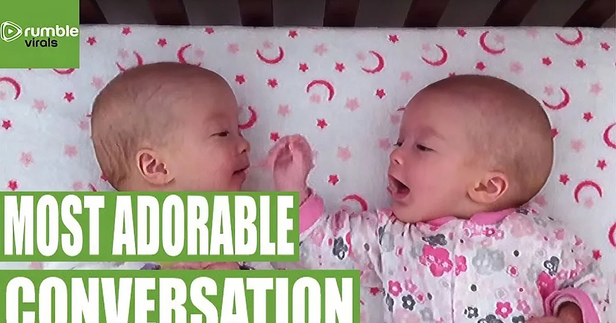 Two babies in a crib, one holding a pink object, both looking at each other.