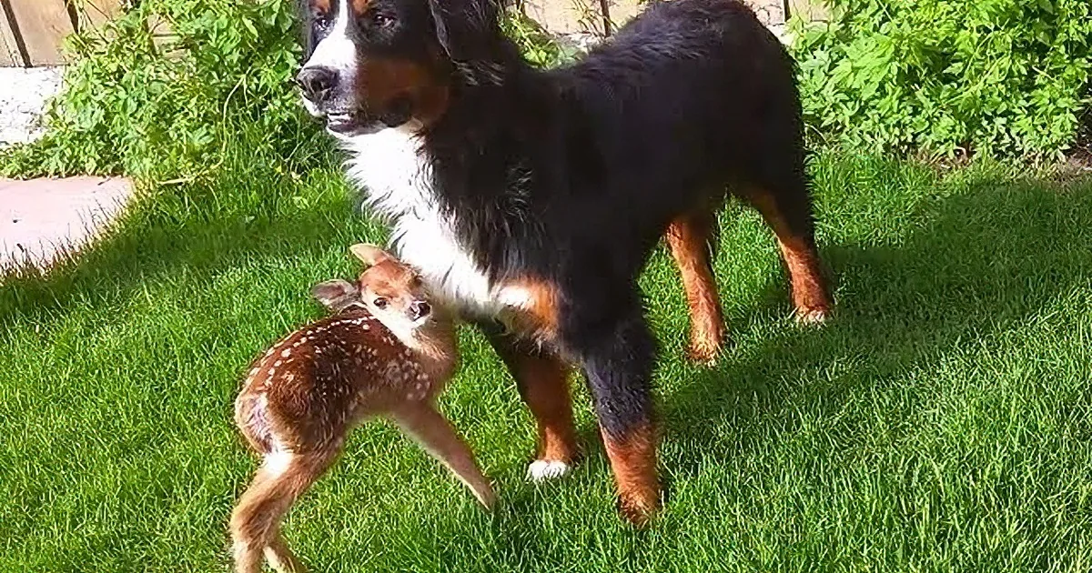 A curious dog and a fawn stand together on grass, both looking at something off-camera.