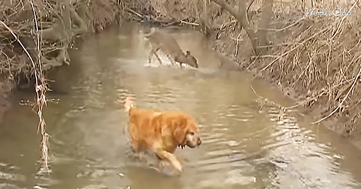 Deer Playfully Romps in the River but Is Ignored by Her Doggie Friend