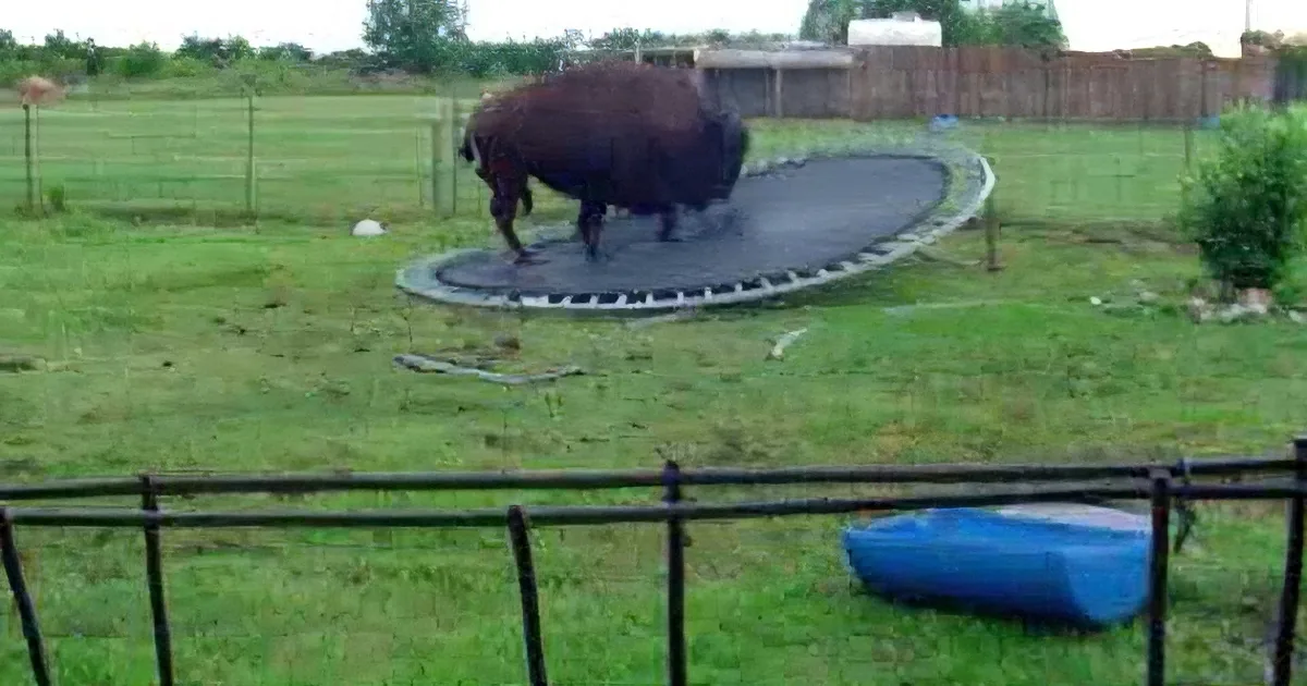 Gigantic Buffalo Is Hilariously Confounded by a Trampoline