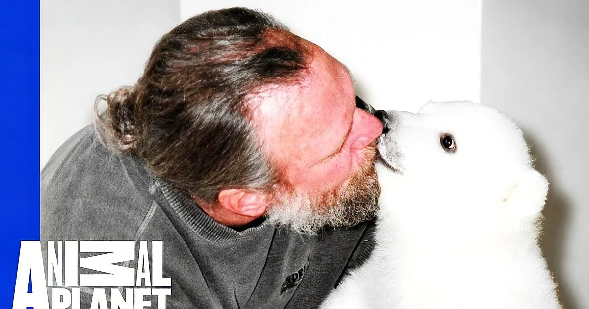 A man is affectionately interacting with a polar bear, showcasing a close bond.