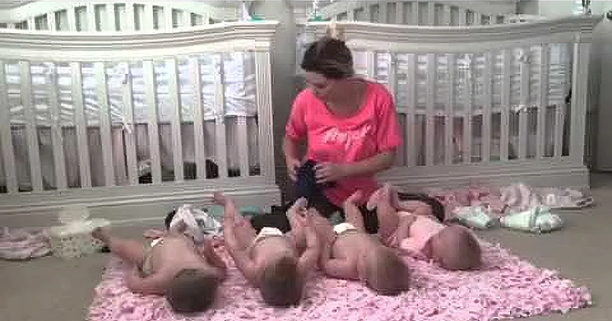 A woman in a pink shirt sits on the floor surrounded by babies and pink petals, holding a black object.