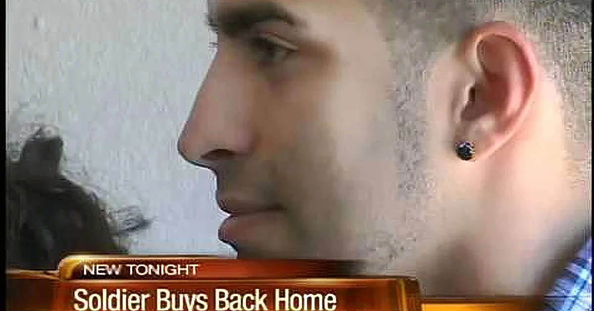 A man is shown in a close-up, with a news ticker at the bottom reading "Soldier Buys Back..."