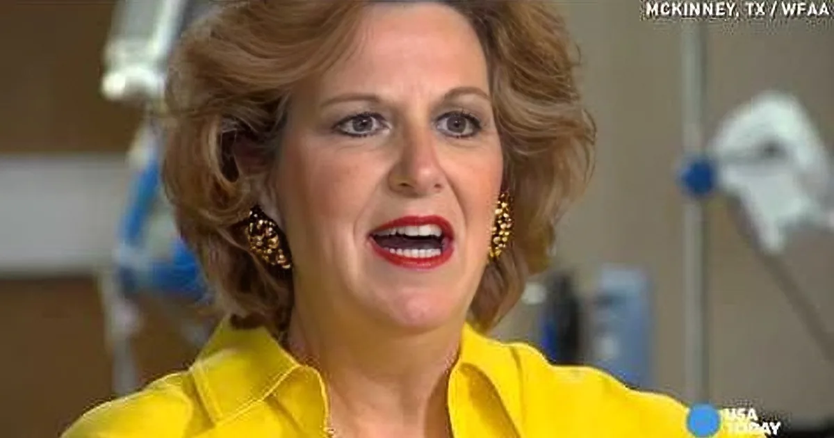 A woman in a yellow shirt and gold earrings is speaking, with a background showing medical equipment and text indicating...