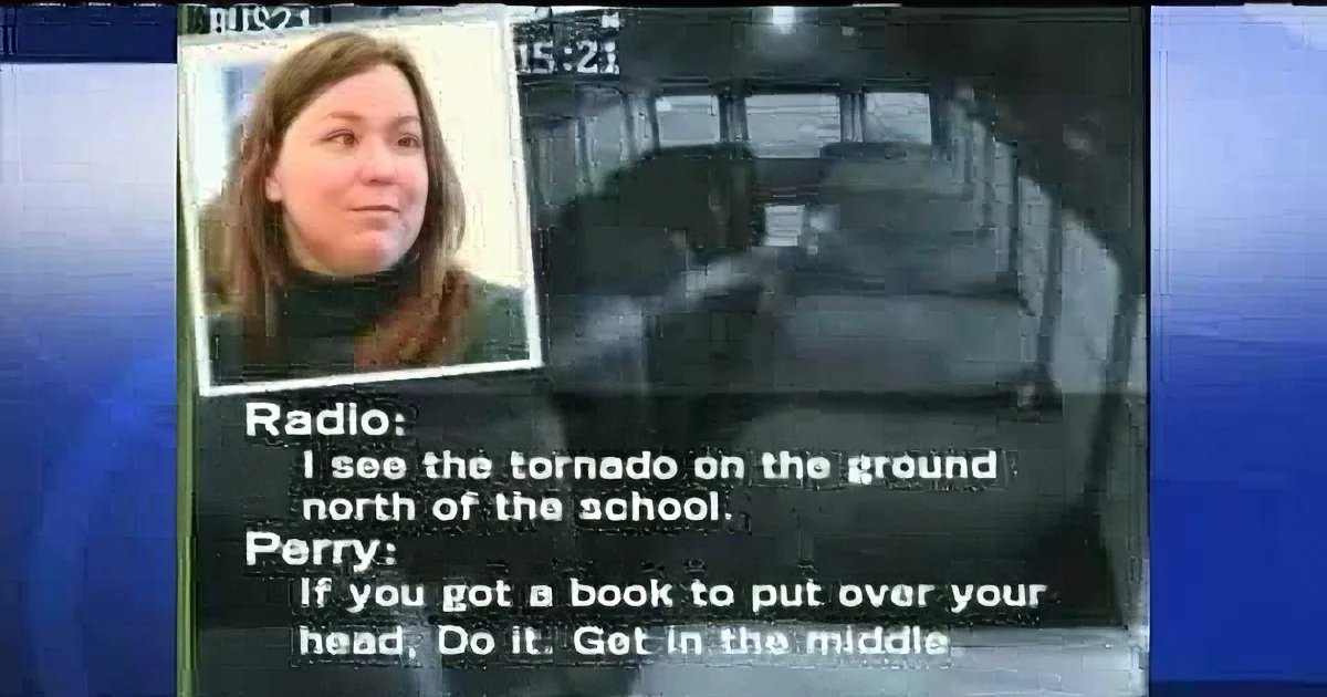A news broadcast shows a woman speaking about a tornado, with a bus interior and text overlay discussing sheltering in place.