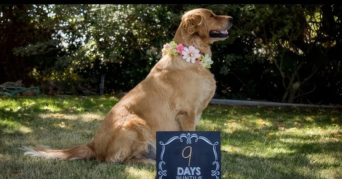 A golden retriever wearing a floral collar sits on grass, next to a sign that reads "31 Days of Puppies."