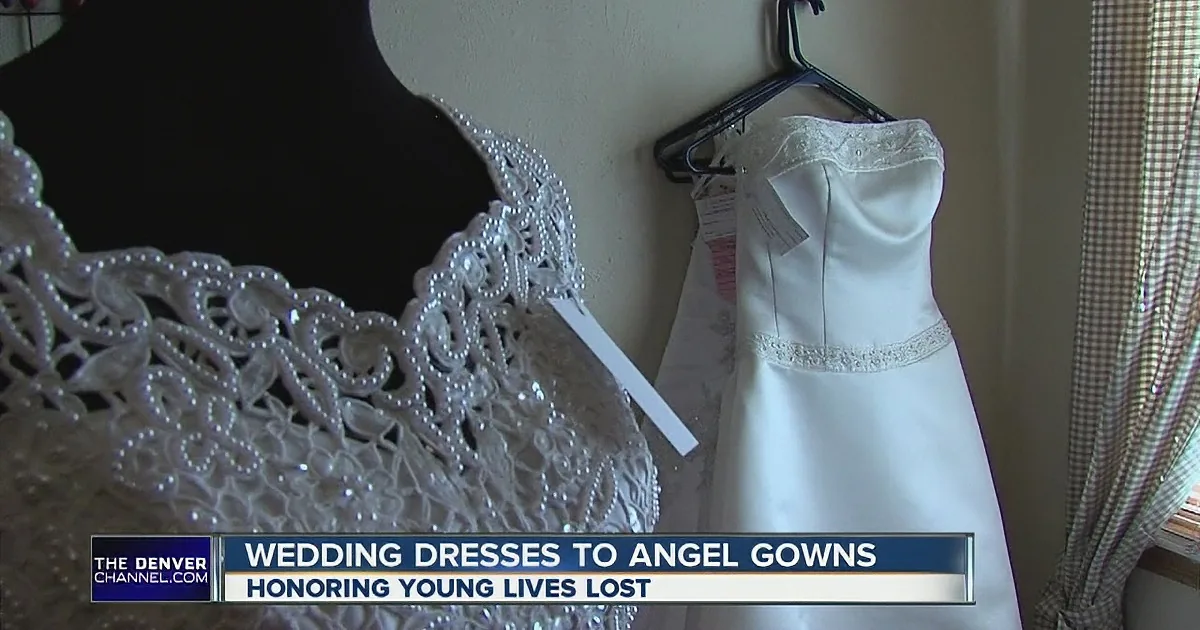 A wedding dress and angel gown hang, symbolizing honoring young lives lost.