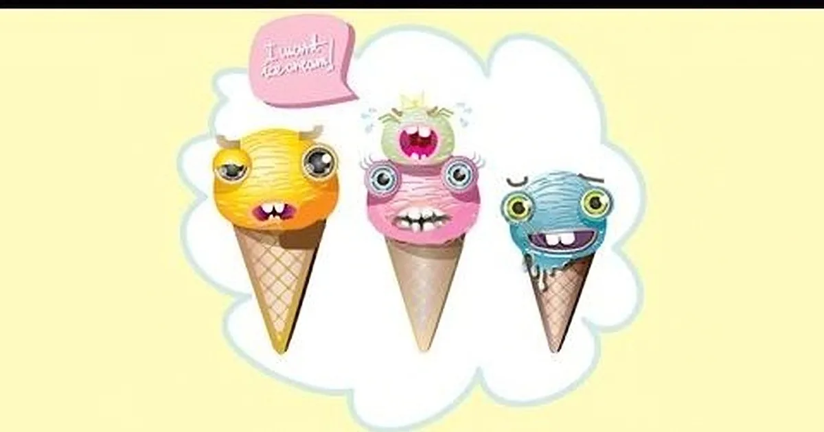 Three ice cream cone monsters with speech bubbles, one saying "I want to be orange."
