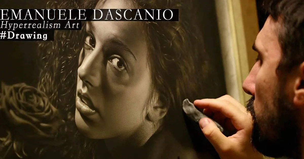 Artist Emanuele Dascanio draws hyperrealistic portrait, focusing on intricate details.