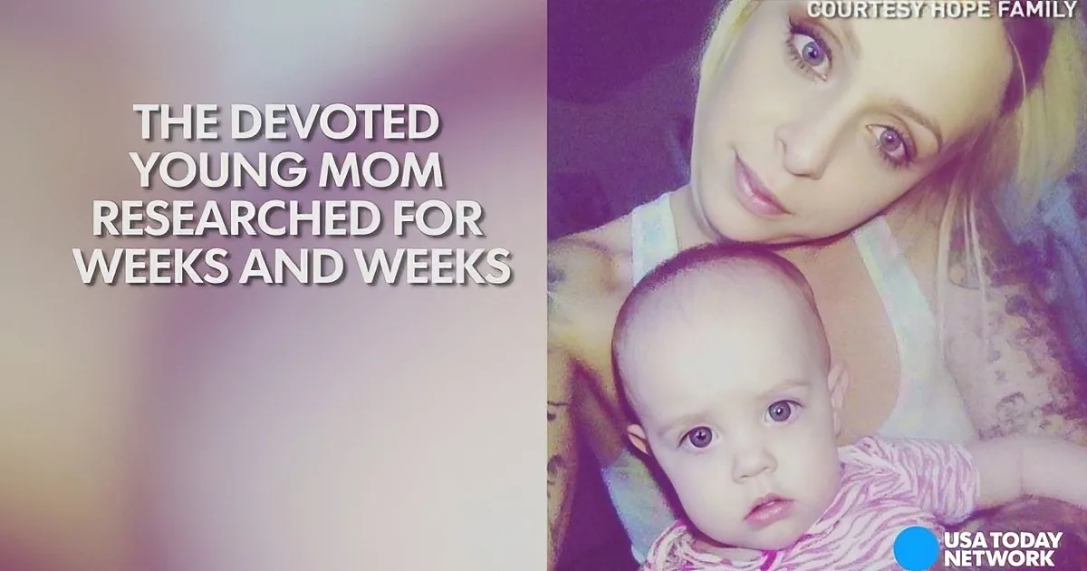 A young mom holds her baby, with text highlighting her extensive research efforts.