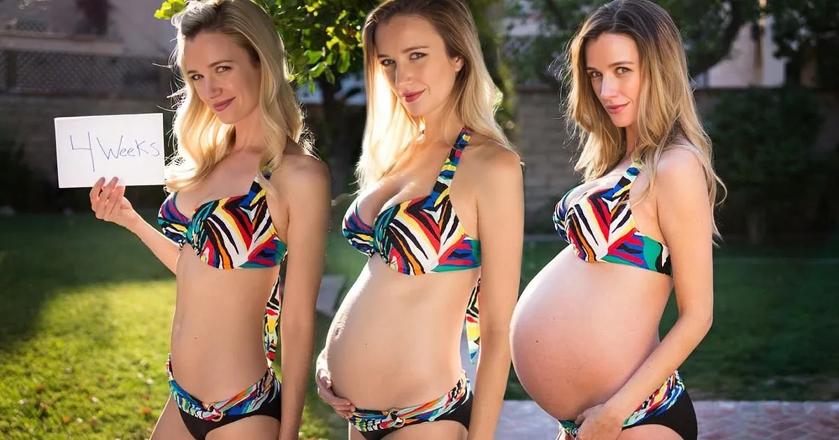 A woman in a colorful bikini shows her pregnancy progression over four weeks.