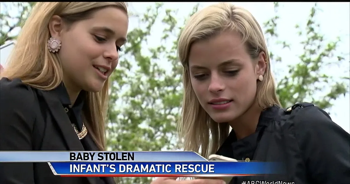 Two women in black uniforms are shown in a news segment about a baby's dramatic rescue.