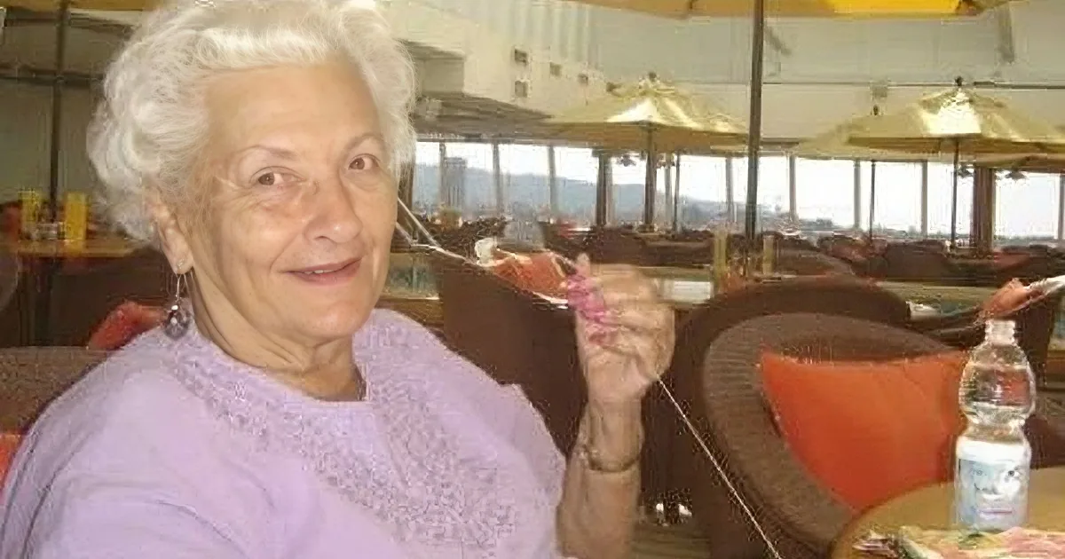 An elderly woman in a lavender top is smiling, holding a pink object, with a collage of similar scenes in the background.