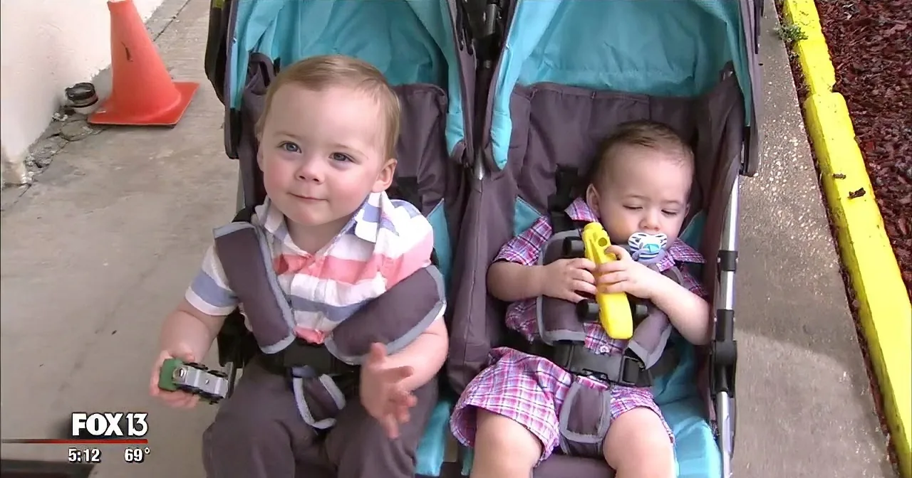 Two toddlers in a stroller, one holding a toy, both wearing plaid shirts, outdoors.