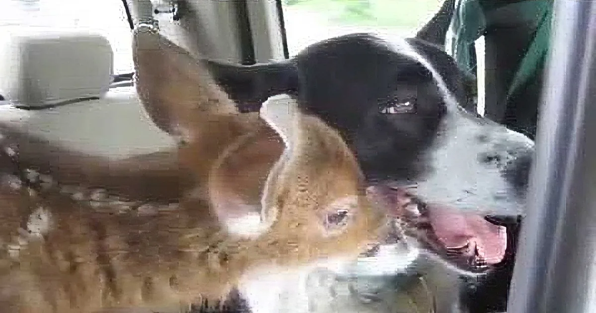 A dog and a cat are sitting together in a car, looking out the window.