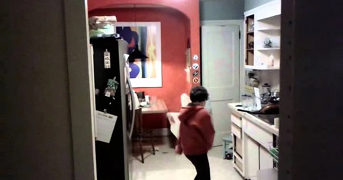 A person in a red shirt stands in a kitchen, surrounded by various appliances and cabinets.