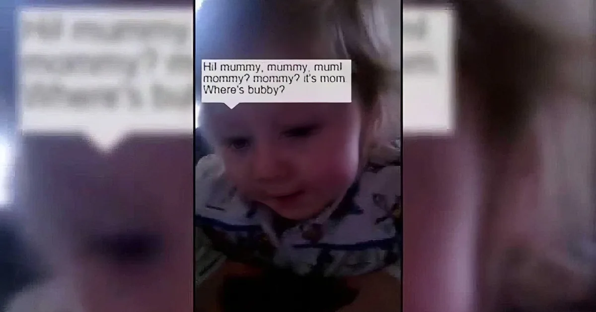 A baby with a pacifier, looking down, with text saying "Hi mummy, mummy, mum! mommy? mommy? it's mom. Where's bubby?"