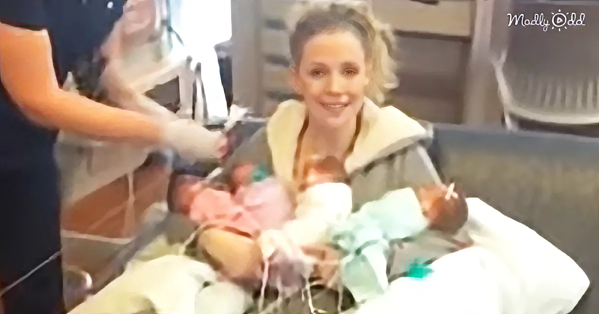 A woman holds newborn twins wrapped in blankets, smiling, with a nurse nearby.
