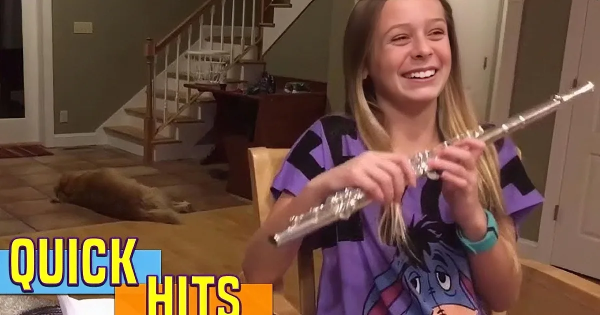 A girl in a purple shirt smiles while holding a flute, with "Quick Hits" text overlay.