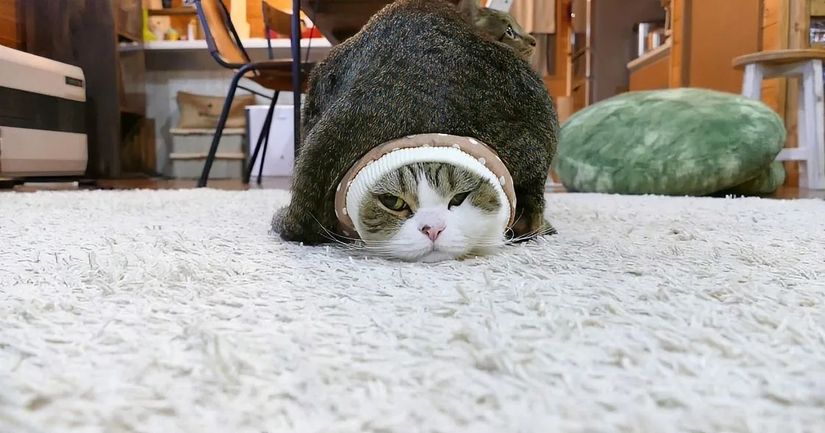 A cat with a hat on its head lies on a white carpet, looking up with a curious expression.